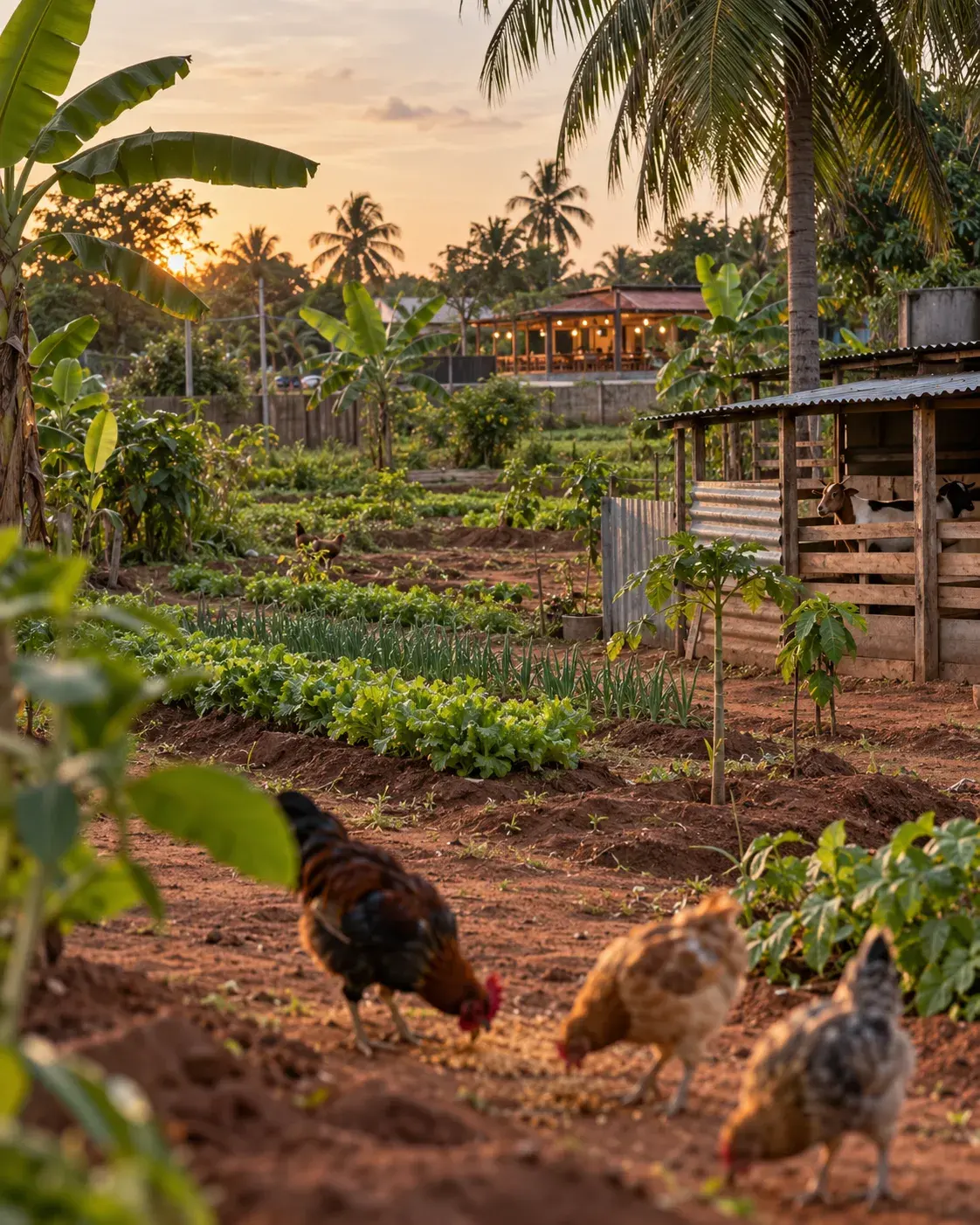 La ferme au soleil couchant, le restaurant visible au loin