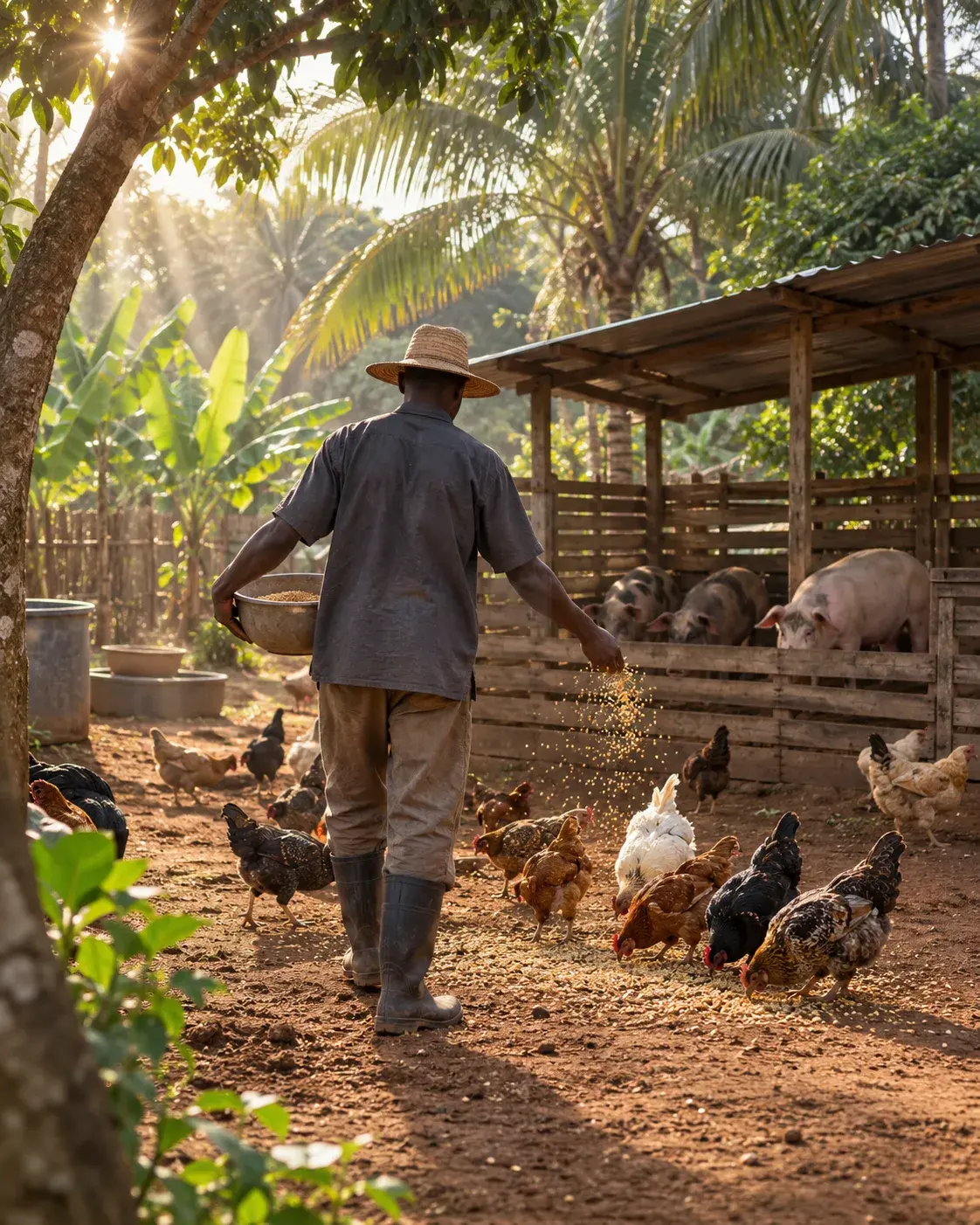Un éleveur nourrit les poules et les porcs de la ferme