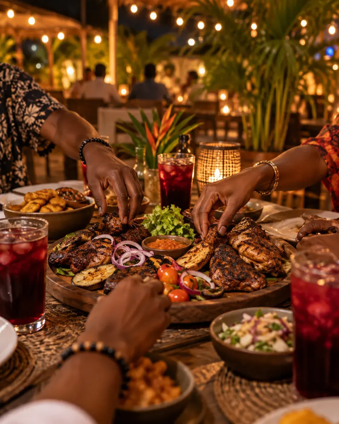 Repas partagé en terrasse le soir
