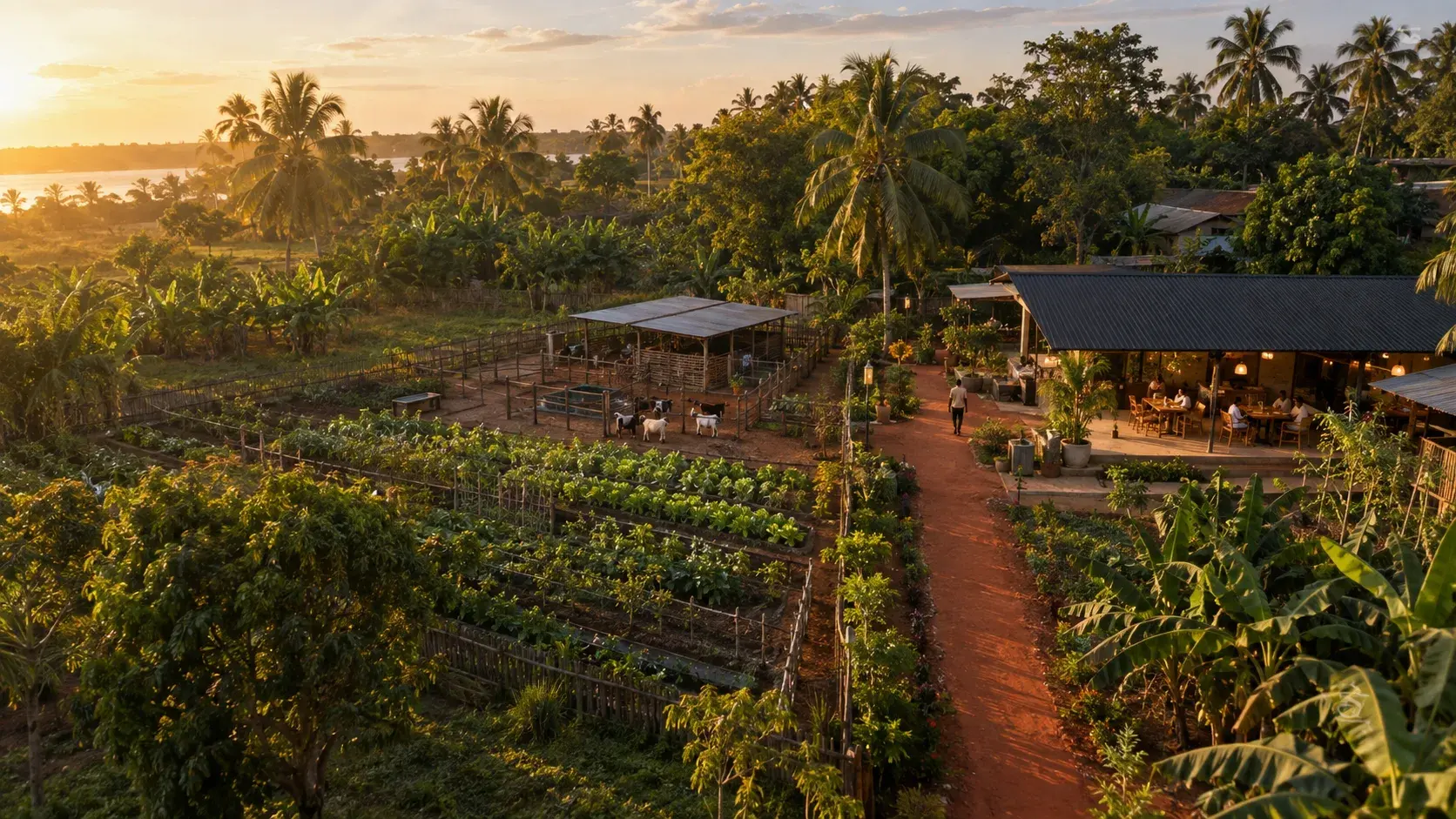 Vue aérienne de la ferme et du restaurant côte à côte
