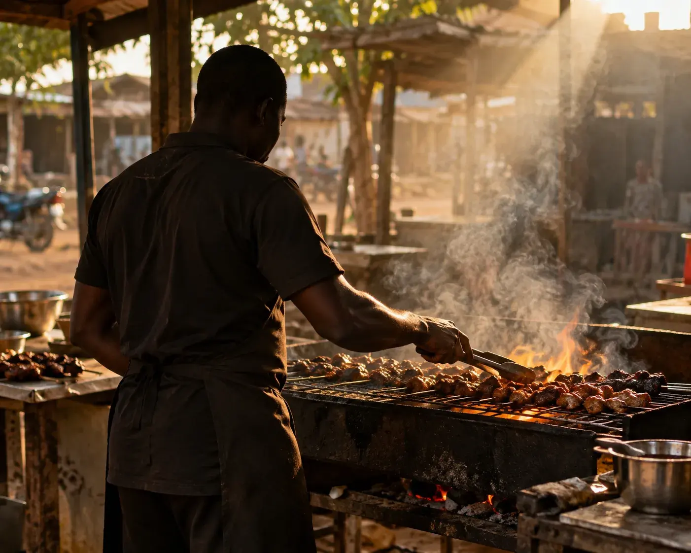 Le cuisinier retourne les brochettes sur le grill