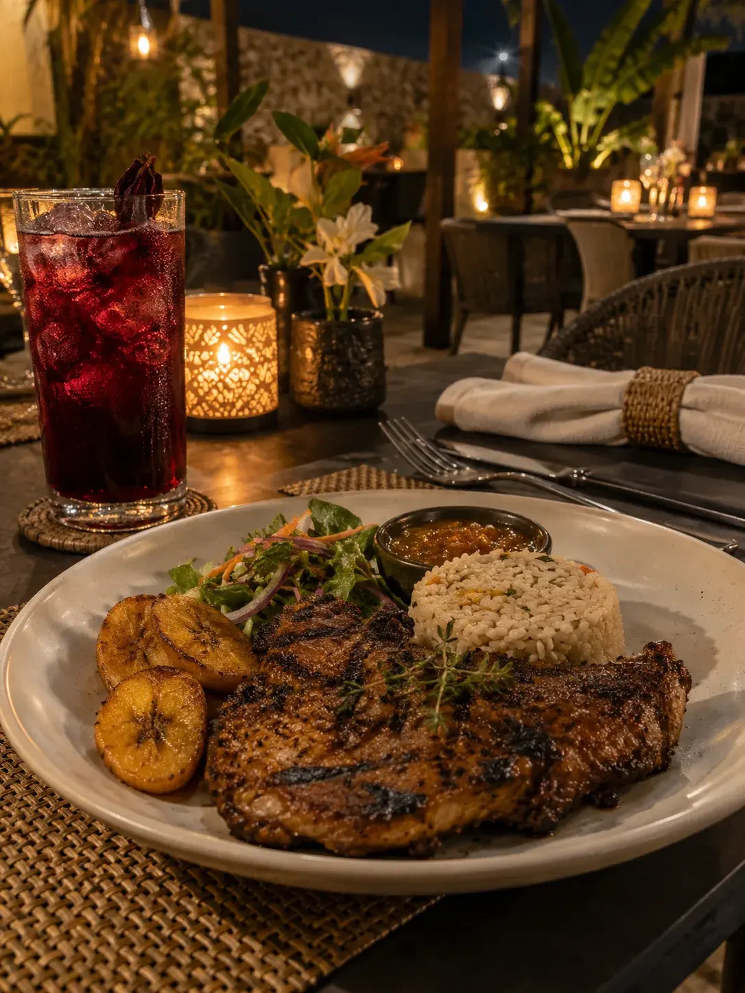 Table dressée avec grillades et bissap